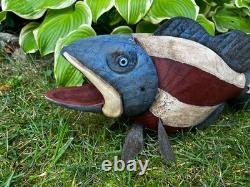 Vintage patriotic painted wooden folk art fish by Robert Allen Francis