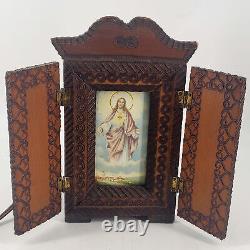 Vintage religious Folk art hand carved wood shrine altar lamp light Jesus