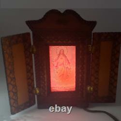 Vintage religious Folk art hand carved wood shrine altar lamp light Jesus