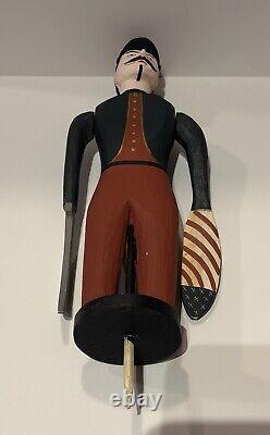 Vntg Folk Art Americana Wood Carved Civil War Army Signalman Soldier Whirligig
