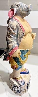 Vtg 20 Wood Folk Art Statue Pig-Headed Humanoid Hand Carved Peruvian Andean