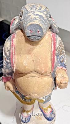 Vtg 20 Wood Folk Art Statue Pig-Headed Humanoid Hand Carved Peruvian Andean