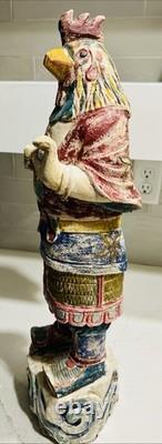 Vtg 21 Wood Folk Art Statue Rooster-Headed Humanoid Hand Carved Peruvian Andean