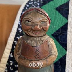 Vtg ANRI Hand-Carved Wood Old Woman Figurine Liquor Bottle Folk Art Early Italy