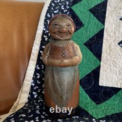Vtg ANRI Hand-Carved Wood Old Woman Figurine Liquor Bottle Folk Art Early Italy