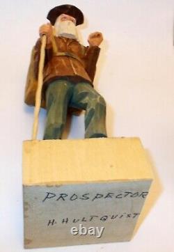 Vtg ARTIST SIGNED CARVED Wood Figure PROSPECTOR H HULTQUIST Mpls Mn Folk Art