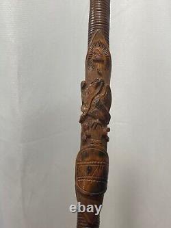 Vtg Antique Folk Art Carved Wood Walking Stick Mexico Eagle & Snake Decoration