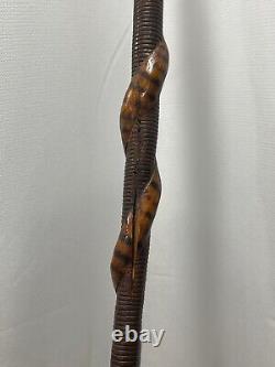 Vtg Antique Folk Art Carved Wood Walking Stick Mexico Eagle & Snake Decoration