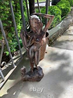 Vtg Antique hand carved wood nude lady woman Folk Art sculpture statue art