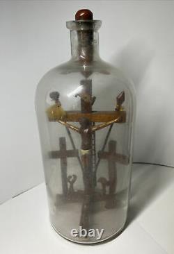 Vtg Bottle Whimsey Arms of Christ Religion Carved Wood Folk Art Whimsey