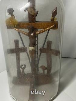 Vtg Bottle Whimsey Arms of Christ Religion Carved Wood Folk Art Whimsey