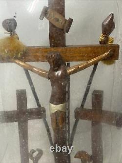 Vtg Bottle Whimsey Arms of Christ Religion Carved Wood Folk Art Whimsey