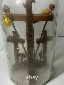 Vtg Bottle Whimsey Arms of Christ Religion Carved Wood Folk Art Whimsey