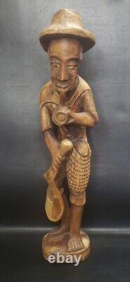 Vtg Carved Wood Folk Art Man Smoking Pipe Statue Sculpture 19.5 Tall