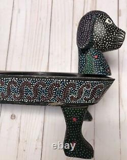 Vtg DOG Food Dish Oaxacan Pet Feeder Wood Carved Folk Art Sculpture Mexico