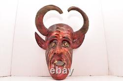 Vtg Devil Mexican Guerrero Folk Art Diablo Antique Carved Wood Dance Mask Horns