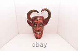 Vtg Devil Mexican Guerrero Folk Art Diablo Antique Carved Wood Dance Mask Horns