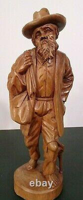 Vtg European Hand Carved Wooden Folk Art Sculpture Traveling Homeless Man with Dog