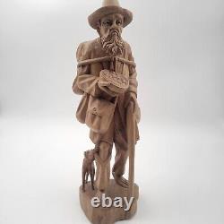 Vtg European Hand Carved Wooden Folk Art Sculpture Traveling Homeless Man with Dog