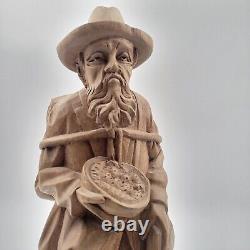 Vtg European Hand Carved Wooden Folk Art Sculpture Traveling Homeless Man with Dog