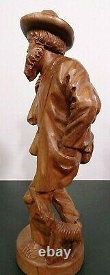 Vtg European Hand Carved Wooden Folk Art Sculpture Traveling Homeless Man with Dog