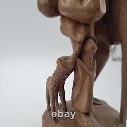 Vtg European Hand Carved Wooden Folk Art Sculpture Traveling Homeless Man with Dog