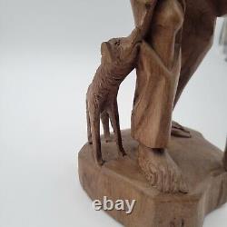 Vtg European Hand Carved Wooden Folk Art Sculpture Traveling Homeless Man with Dog