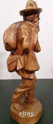 Vtg European Hand Carved Wooden Folk Art Sculpture Traveling Homeless Man with Dog