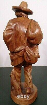 Vtg European Hand Carved Wooden Folk Art Sculpture Traveling Homeless Man with Dog