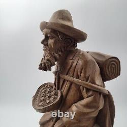 Vtg European Hand Carved Wooden Folk Art Sculpture Traveling Homeless Man with Dog