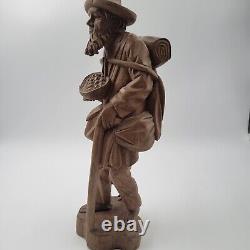 Vtg European Hand Carved Wooden Folk Art Sculpture Traveling Homeless Man with Dog
