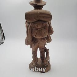 Vtg European Hand Carved Wooden Folk Art Sculpture Traveling Homeless Man with Dog