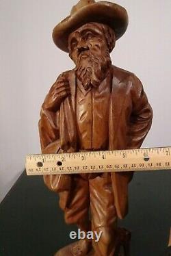 Vtg European Hand Carved Wooden Folk Art Sculpture Traveling Homeless Man with Dog