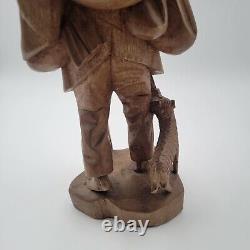 Vtg European Hand Carved Wooden Folk Art Sculpture Traveling Homeless Man with Dog