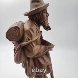 Vtg European Hand Carved Wooden Folk Art Sculpture Traveling Homeless Man with Dog
