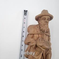 Vtg European Hand Carved Wooden Folk Art Sculpture Traveling Homeless Man with Dog