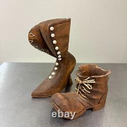 Vtg FOLK ART Carved Wooden Shoes ARTHUR L SETCHFIELD USS Indianapolis Survivor