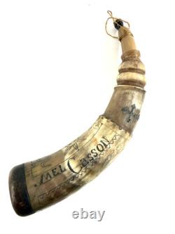 Vtg Folk Art Carved Powder Horn SNAKE sun LOOK moon Mel Casson