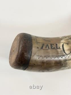Vtg Folk Art Carved Powder Horn SNAKE sun LOOK moon Mel Casson