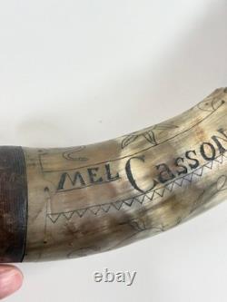 Vtg Folk Art Carved Powder Horn SNAKE sun LOOK moon Mel Casson