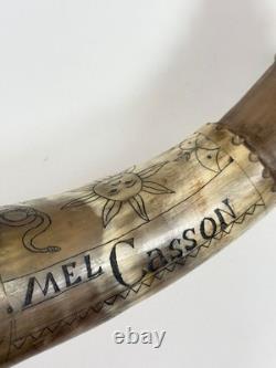 Vtg Folk Art Carved Powder Horn SNAKE sun LOOK moon Mel Casson