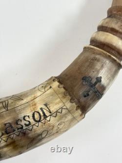 Vtg Folk Art Carved Powder Horn SNAKE sun LOOK moon Mel Casson