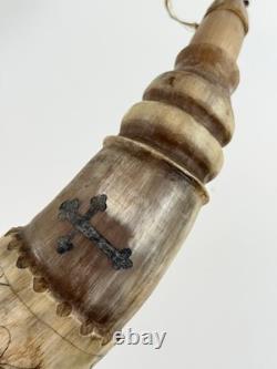 Vtg Folk Art Carved Powder Horn SNAKE sun LOOK moon Mel Casson