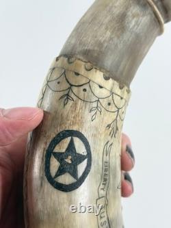 Vtg Folk Art Carved Powder Horn SNAKE sun LOOK moon Mel Casson