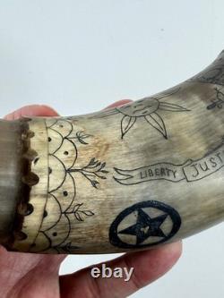 Vtg Folk Art Carved Powder Horn SNAKE sun LOOK moon Mel Casson
