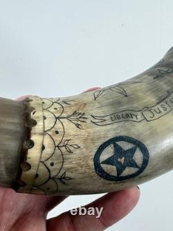 Vtg Folk Art Carved Powder Horn SNAKE sun LOOK moon Mel Casson