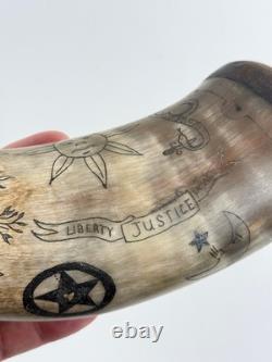 Vtg Folk Art Carved Powder Horn SNAKE sun LOOK moon Mel Casson