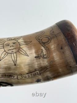 Vtg Folk Art Carved Powder Horn SNAKE sun LOOK moon Mel Casson
