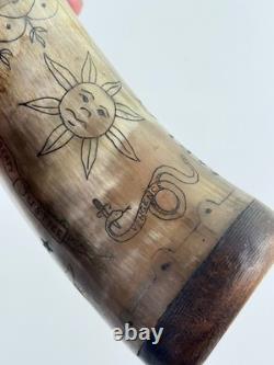 Vtg Folk Art Carved Powder Horn SNAKE sun LOOK moon Mel Casson
