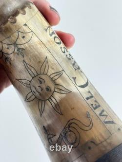 Vtg Folk Art Carved Powder Horn SNAKE sun LOOK moon Mel Casson